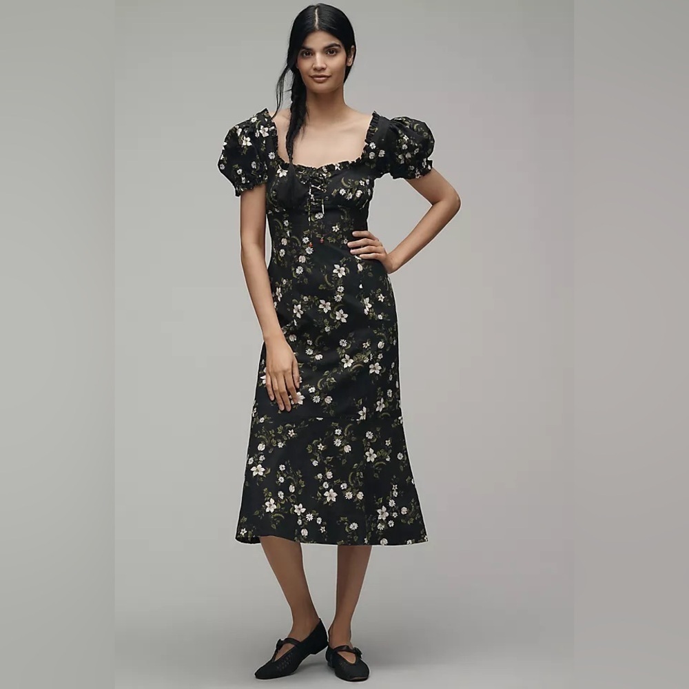 MAEVE LINEN BLEND PUFF-SLEEVE SWEETHEART MIDI DRESS NWT